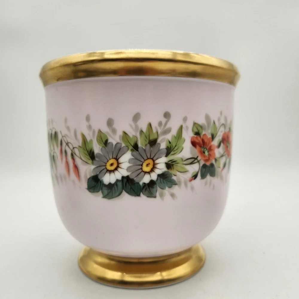 VA Portugal Pink Floral Garland Porcelain Cachepot Gold Gilt Trim Vintage